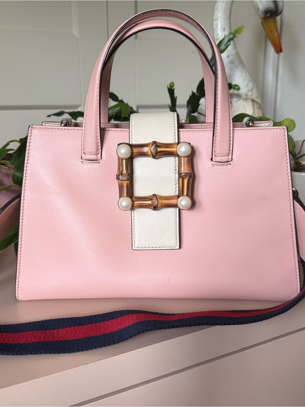 Gucci Pink Leather Two way Satchel with Cream Strap and Pearl Bamboo Buckle